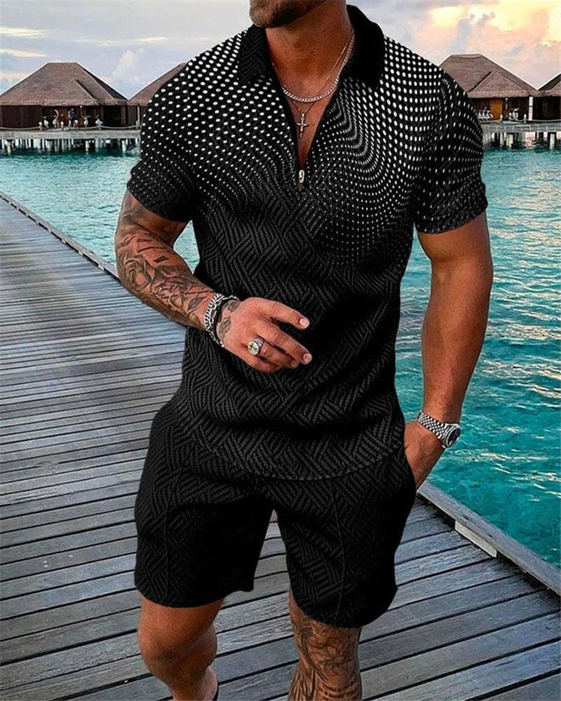 Men's Casual 3D Printed Polo Shirt and Shorts Set