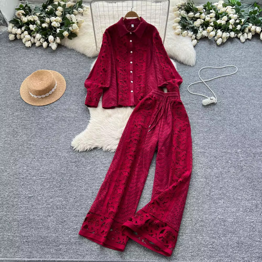 Vintage Two-Piece Set: Lantern Sleeve Button-Up Lace Top & High-Waist Hollow-Out Pants