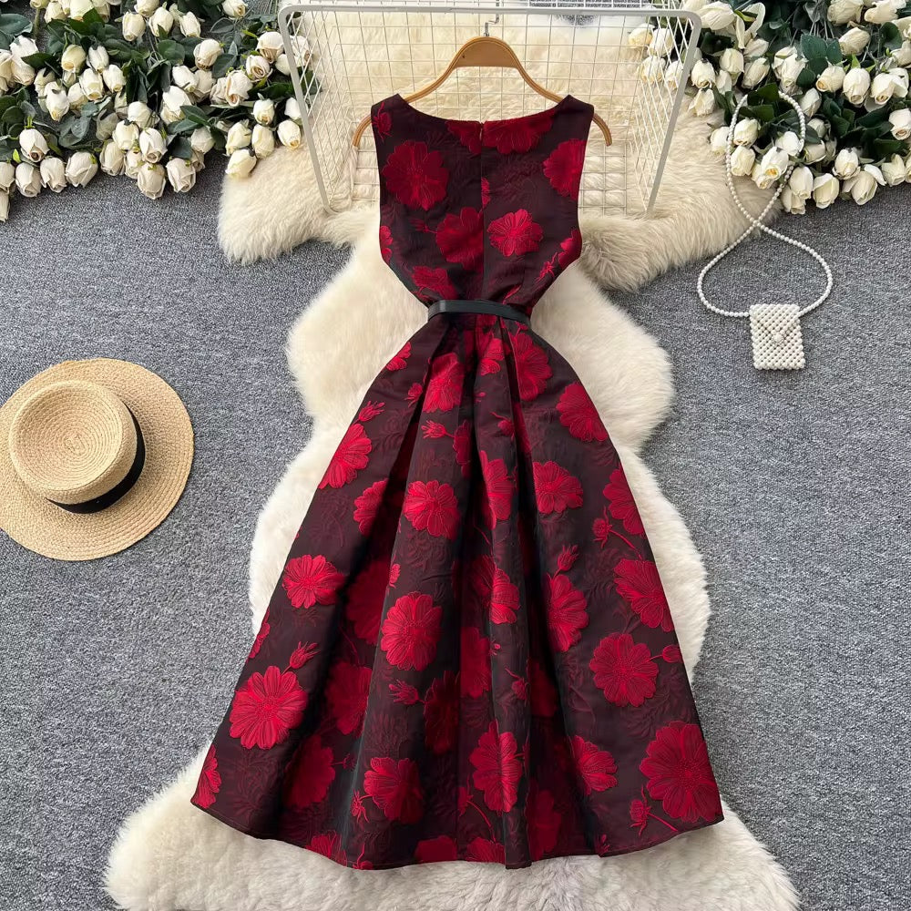 French Style High-End Jacquard Sleeveless Vest A-Line Skirt Flared Dress Spring Summer New Exquisite Dress