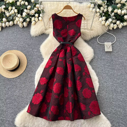 French Style High-End Jacquard Sleeveless Vest A-Line Skirt Flared Dress Spring Summer New Exquisite Dress