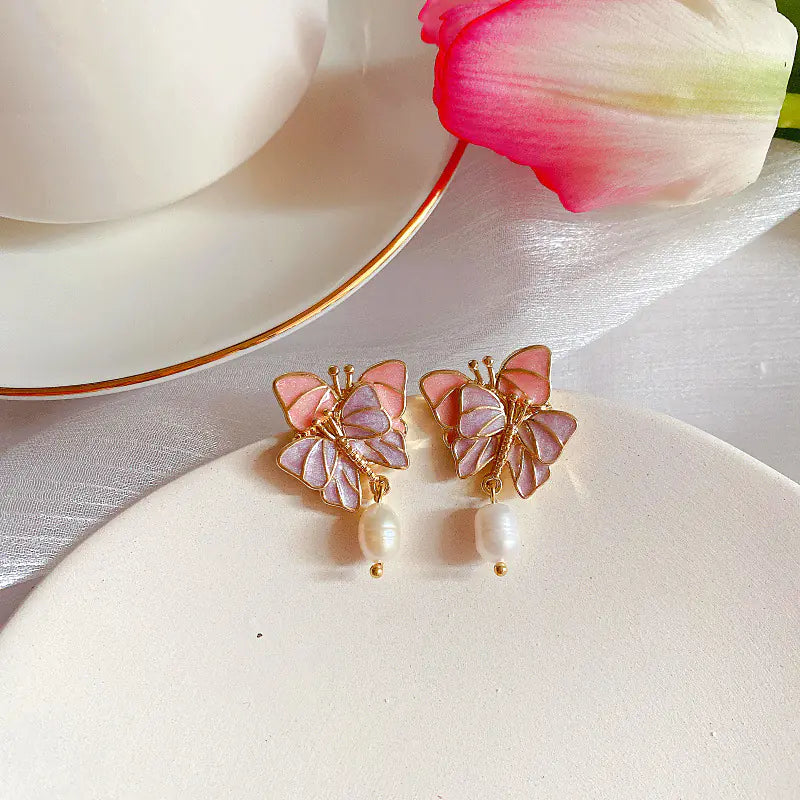 Retro French Butterfly Enamel Freshwater Pearl Brooch