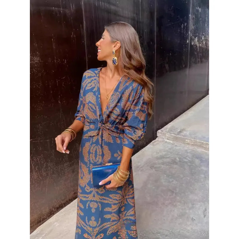 Summer Nine-quarter Sleeve V-neck Painted Dress