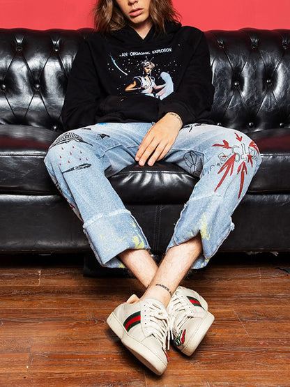 Frayed Wash Jeans with Graffiti Embroidery