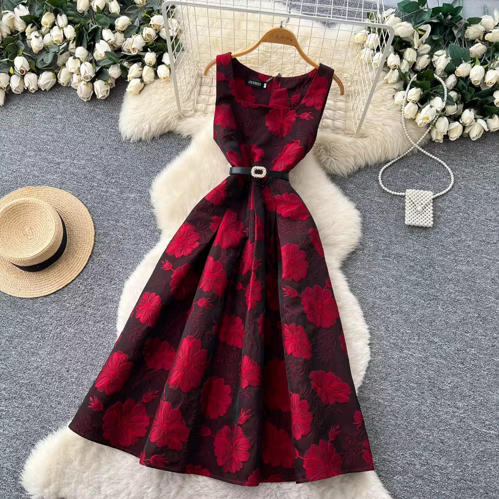 French Style High-End Jacquard Sleeveless Vest A-Line Skirt Flared Dress Spring Summer New Exquisite Dress