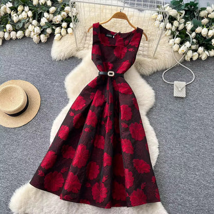 French Style High-End Jacquard Sleeveless Vest A-Line Skirt Flared Dress Spring Summer New Exquisite Dress