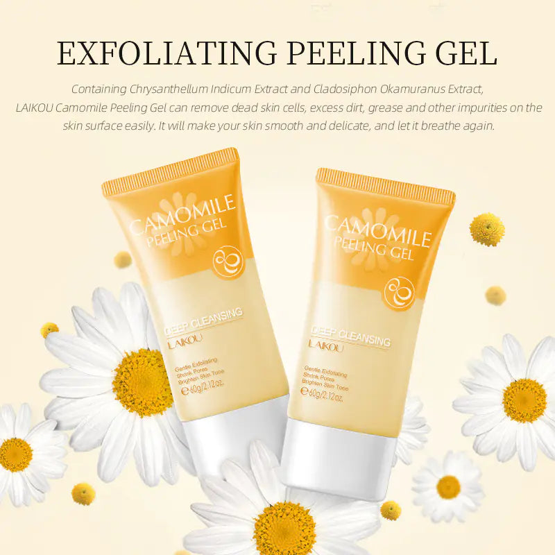 An artistic flat-lay featuring the LAIKOU Peeling Gel tube surrounded by fresh German Chamomile flowers. This emphasizes the Chrysanthellum Indicum extract and the product's focus on calming reactive skin types.