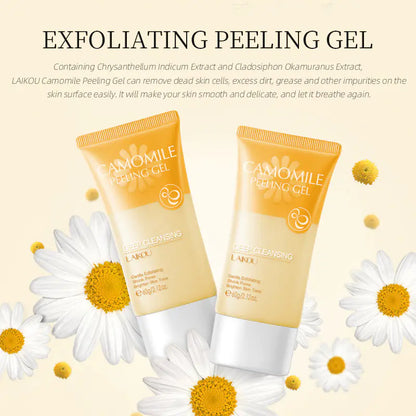 An artistic flat-lay featuring the LAIKOU Peeling Gel tube surrounded by fresh German Chamomile flowers. This emphasizes the Chrysanthellum Indicum extract and the product's focus on calming reactive skin types.
