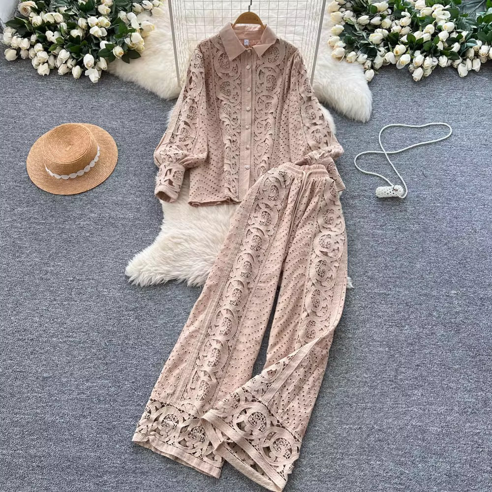 Vintage Two-Piece Set: Lantern Sleeve Button-Up Lace Top & High-Waist Hollow-Out Pants