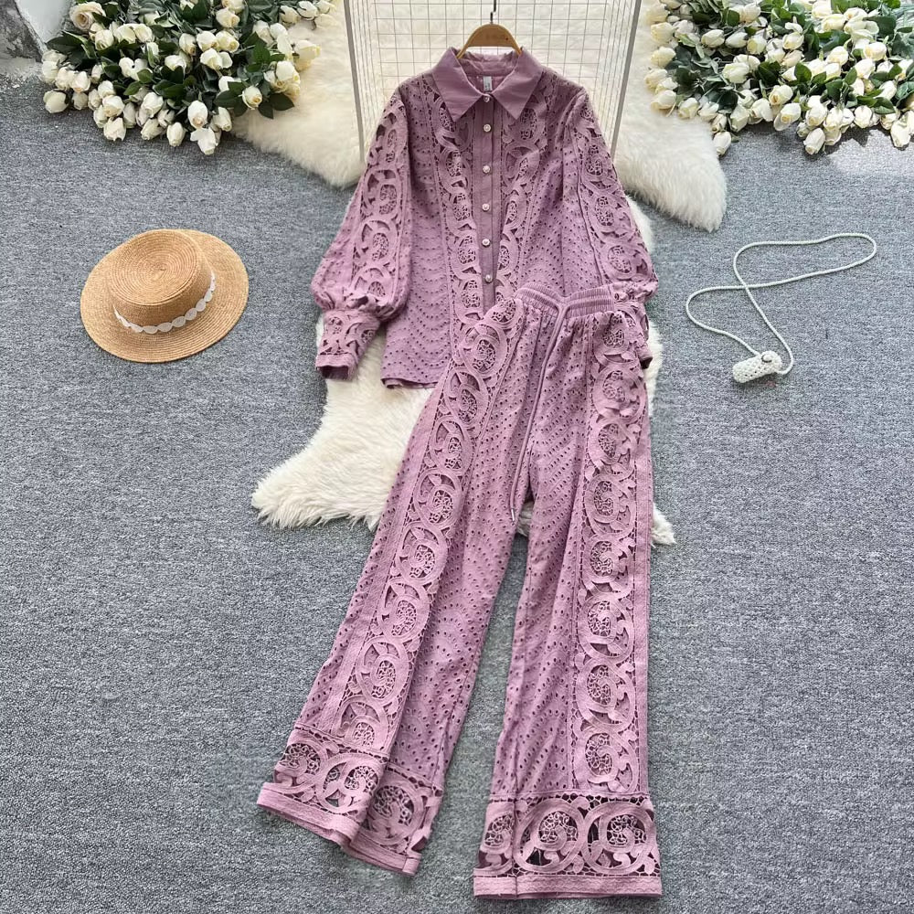 Vintage Two-Piece Set: Lantern Sleeve Button-Up Lace Top & High-Waist Hollow-Out Pants
