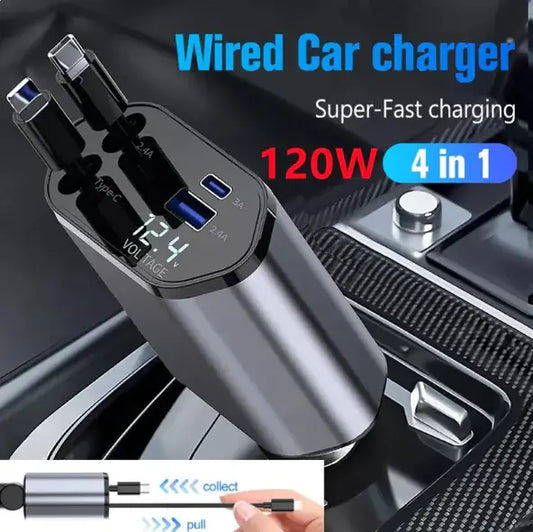 120W Retractable Car Charger with USB & Type-C Fast Charging Cables