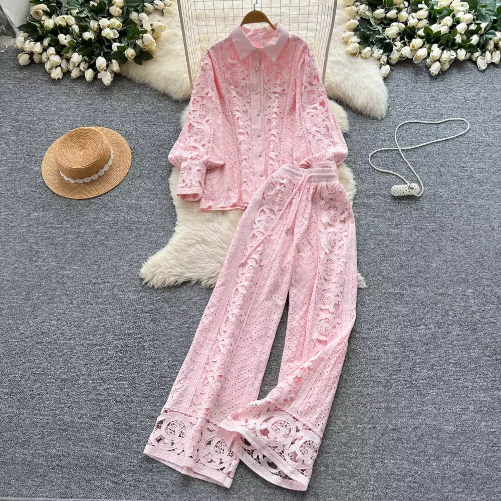 Vintage Two-Piece Set: Lantern Sleeve Button-Up Lace Top & High-Waist Hollow-Out Pants