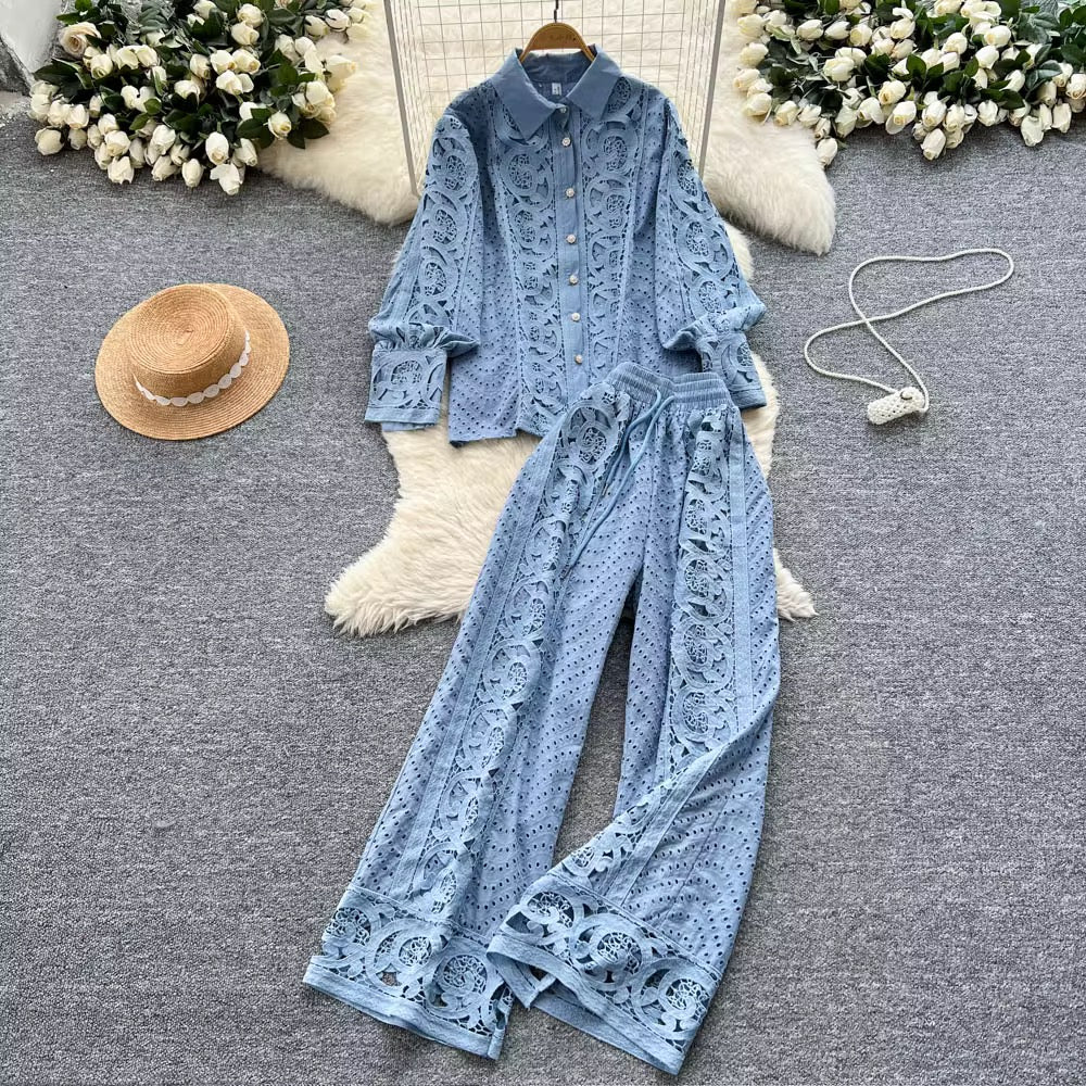 Vintage Two-Piece Set: Lantern Sleeve Button-Up Lace Top & High-Waist Hollow-Out Pants