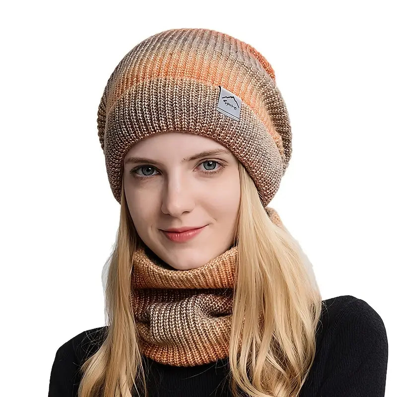 Warm Gradient Wool Winter Hat with Ear Protection Set