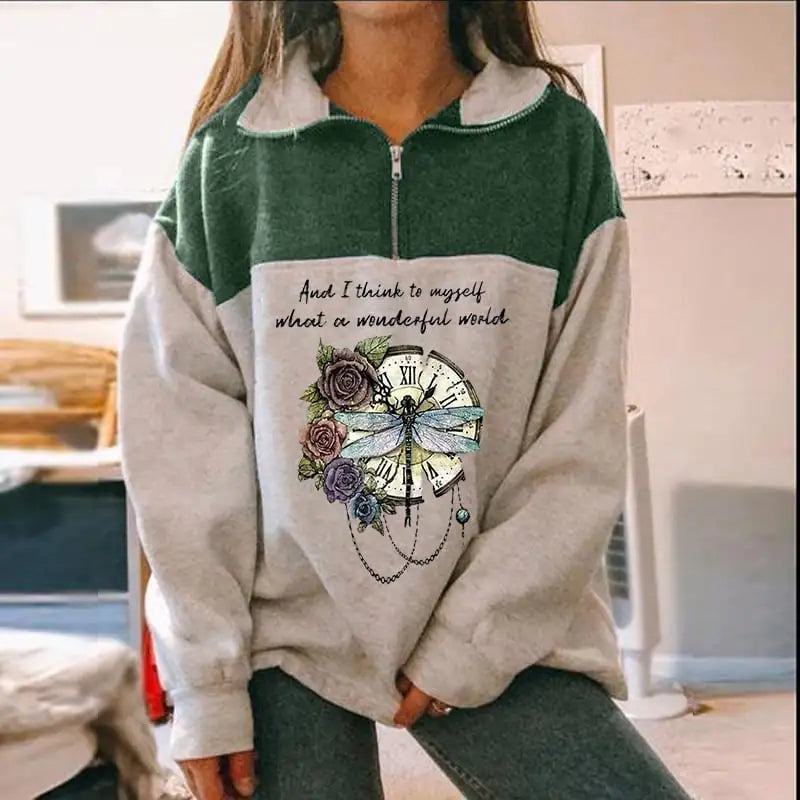Fashion Zip Print Long Sleeve Sweatshirt Top