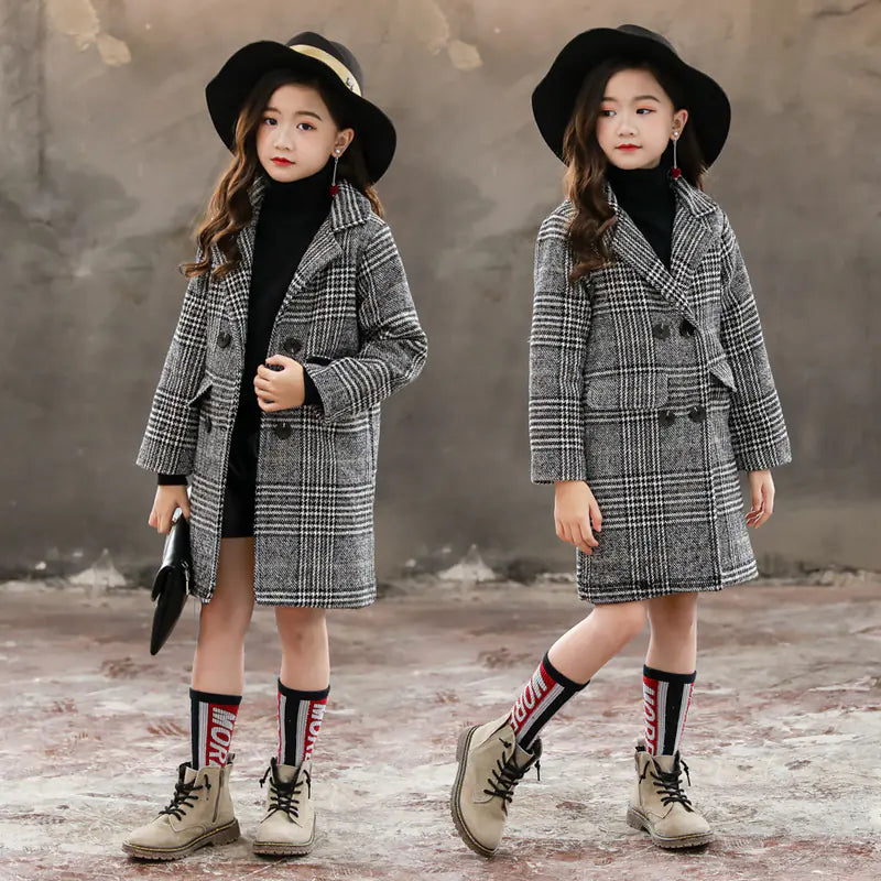 Girls' Gray Plaid Houndstooth Coat