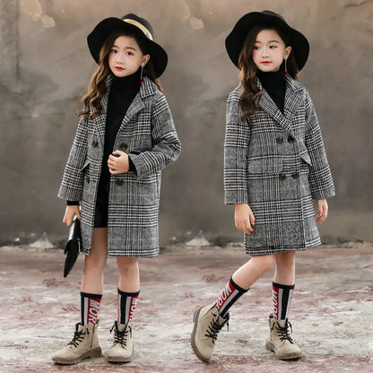 Girls' Gray Plaid Houndstooth Coat