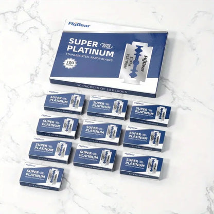 Individually wax-paper wrapped double edge razor blade for safe and hygienic handling.