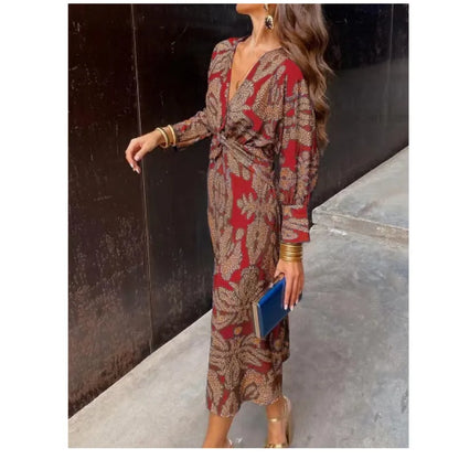 Summer Nine-quarter Sleeve V-neck Painted Dress