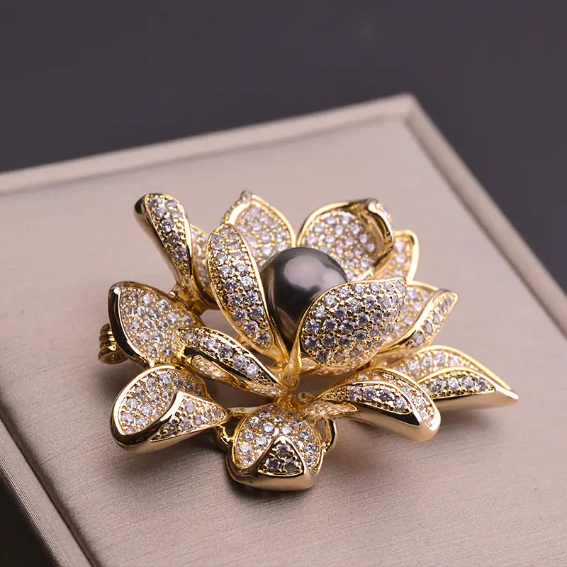 Lotus Flower Brooch with Freshwater Pearls