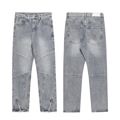 Men's Blue Zipper Splicing Wash Jeans