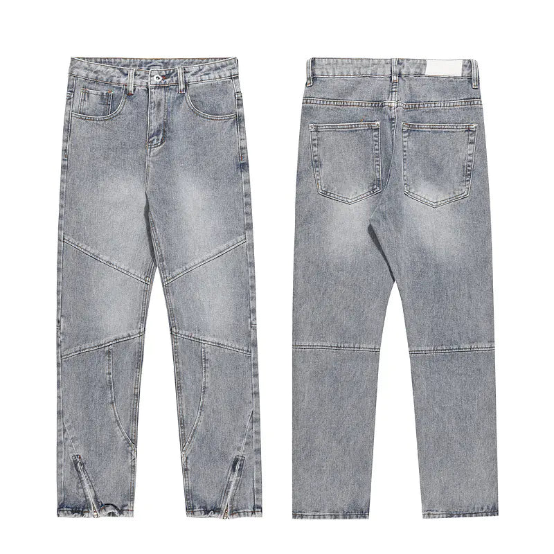 Men's Blue Zipper Splicing Wash Jeans