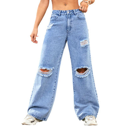High Waist Ripped Water Wash Denim Straight Pants
