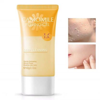 A split-screen comparison of a hand’s skin texture. The left side shows dull, dry skin flakes; the right side shows the smooth, luminous "glass skin" result immediately after using the Chamomile Peeling Gel.