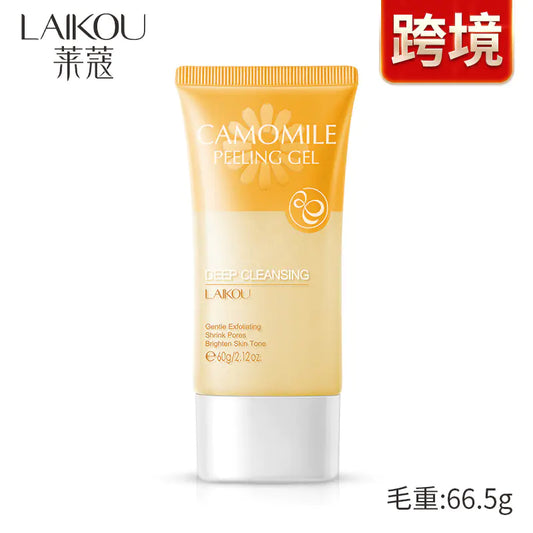 Front view of the LAIKOU Chamomile Exfoliating Gel 60g tube, showing the yellow chamomile floral design and clear gel texture icons. The product is placed against a clean, professional background highlighting its use for gentle dead skin removal and pore cleansing.