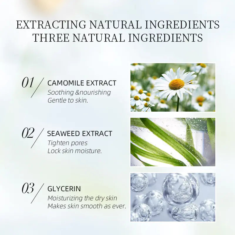 A macro shot showing a clear, lightweight drop of the LAIKOU Chamomile Exfoliating Gel. The water-based formula is transparent and smooth, highlighting its non-abrasive texture designed for sensitive skin exfoliation.