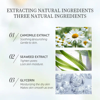 A macro shot showing a clear, lightweight drop of the LAIKOU Chamomile Exfoliating Gel. The water-based formula is transparent and smooth, highlighting its non-abrasive texture designed for sensitive skin exfoliation.