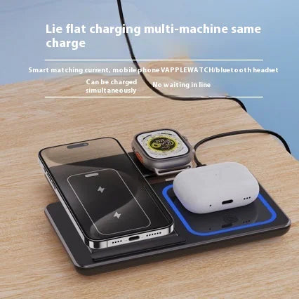 Comparison of messy cables vs. the organized 3-in-1 charging stand.