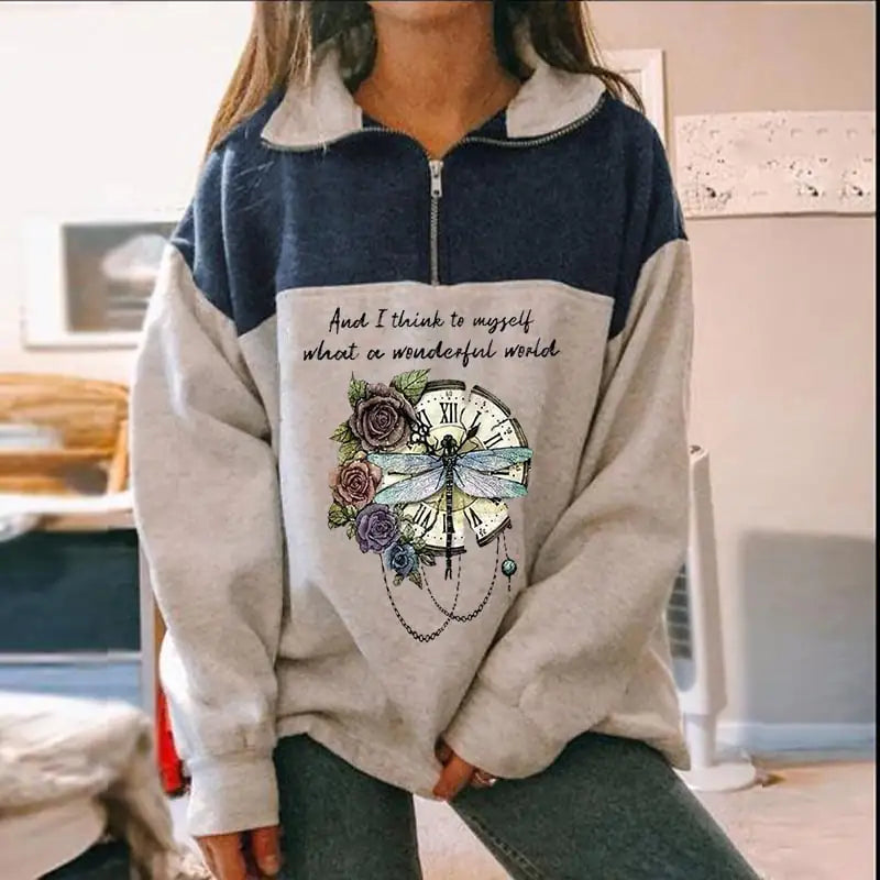 Fashion Zip Print Long Sleeve Sweatshirt Top