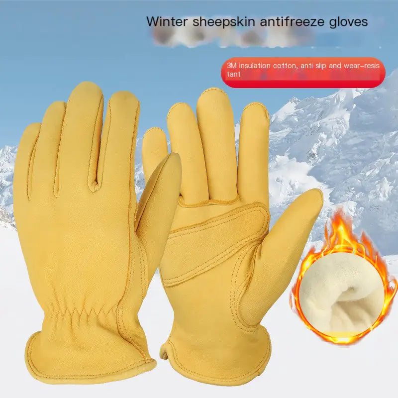 Winter Yellow Sheepskin Gloves for Outdoor Riding