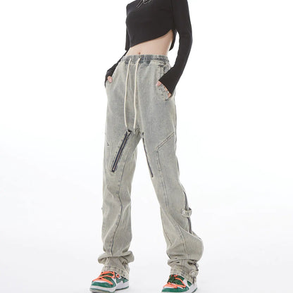 Niche Distressed Wash Jeans with Side Zipper Flare