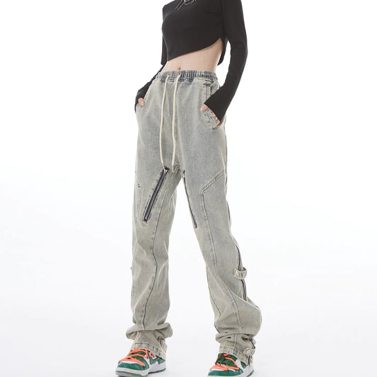 Niche Distressed Wash Jeans with Side Zipper Flare