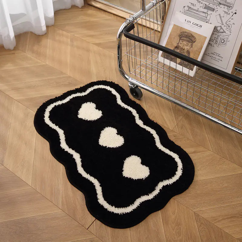 Black and White Absorbent Bathroom Rug with Non-Slip Design