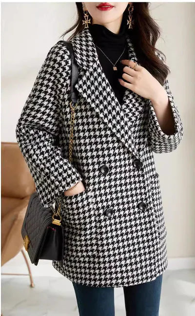 Houndstooth Women's Casual Woolen Suit Coat