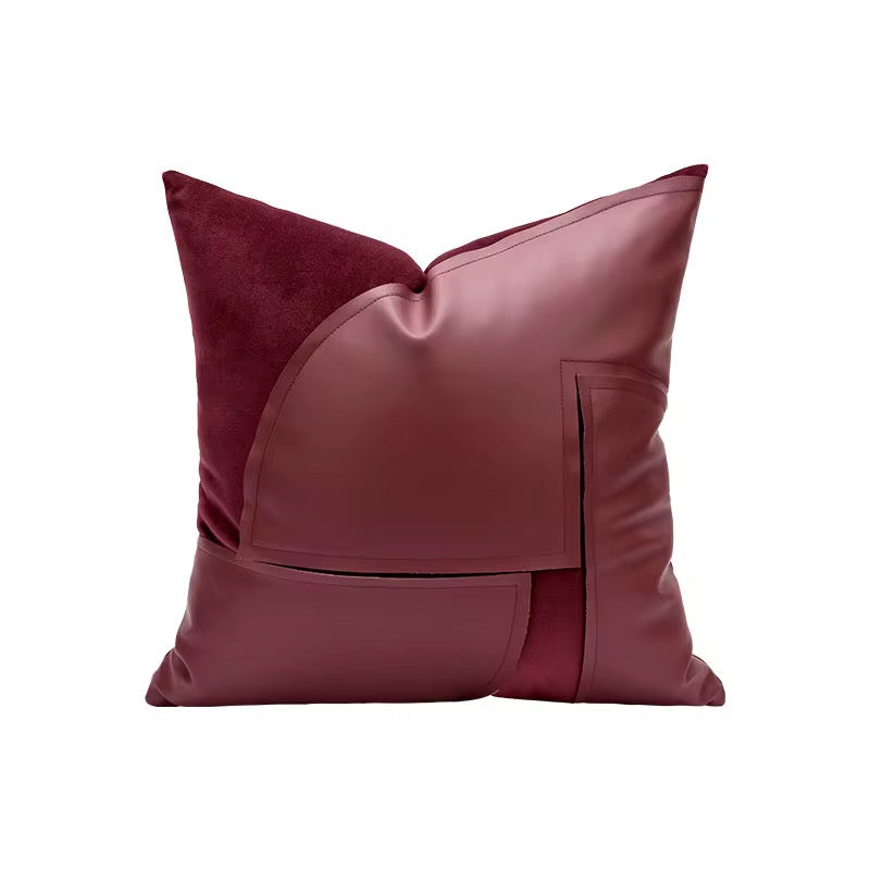 Front view of a plush red rosewood designer cushion showing rich velvet sheen.