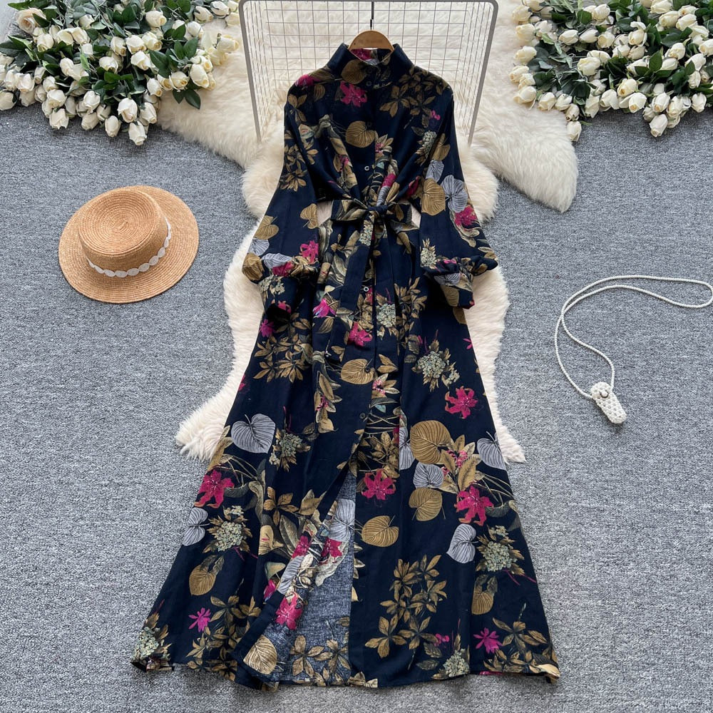 French Retro Floral Waist Tie Dress
