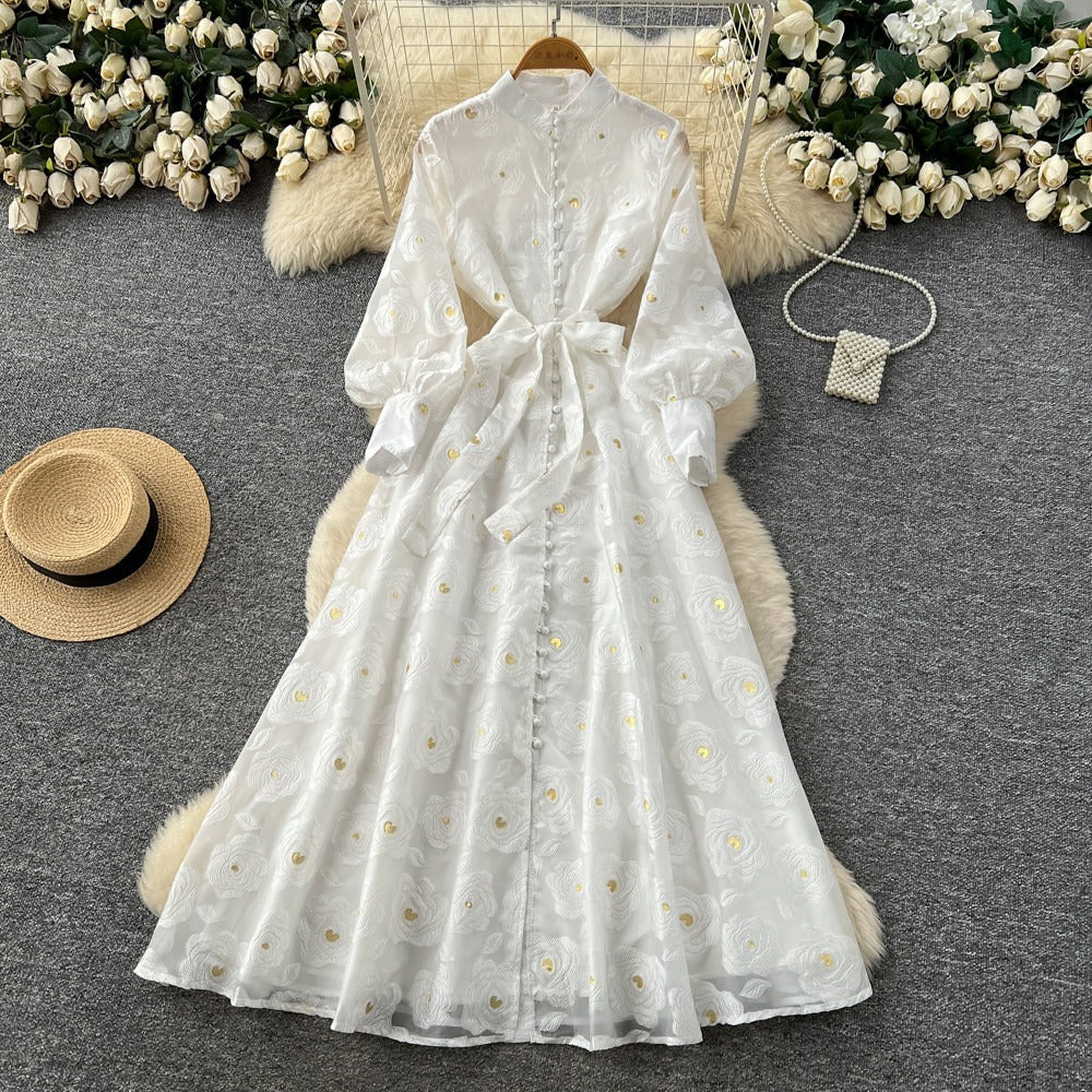 Romantic Embroidered Lantern Sleeve Maxi Dress