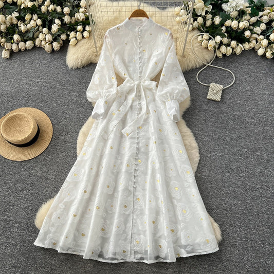 Romantic Embroidered Lantern Sleeve Maxi Dress