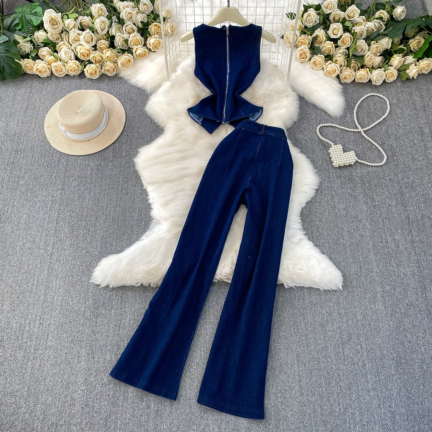 Denim Vest and Wide Leg Pants Set