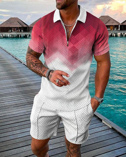 Men's Casual 3D Printed Polo Shirt and Shorts Set