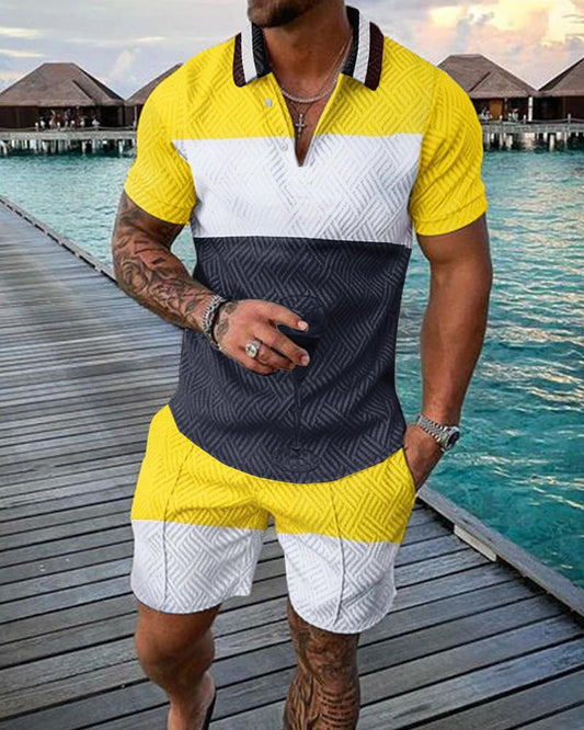 Men's Casual 3D Printed Polo Shirt and Shorts Set
