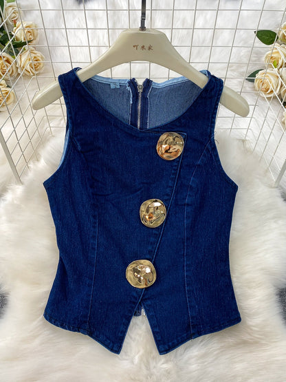 Denim Vest and Wide Leg Pants Set