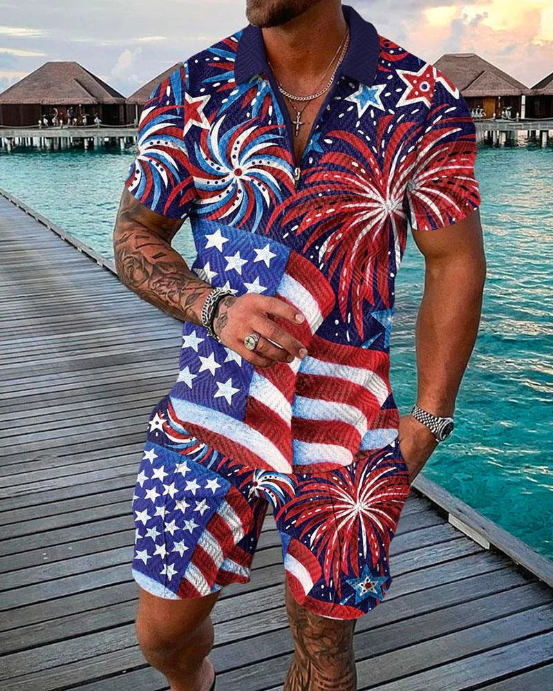 Men's Casual 3D Printed Polo Shirt and Shorts Set