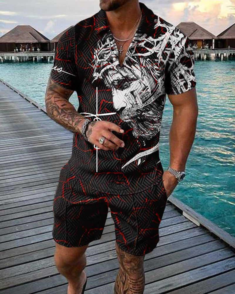Men's Casual 3D Printed Polo Shirt and Shorts Set