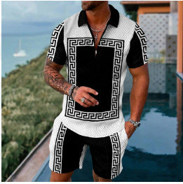 Men's Casual 3D Printed Polo Shirt and Shorts Set