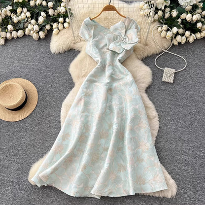 3D Floral Jacquard V-Neck Maxi Dress