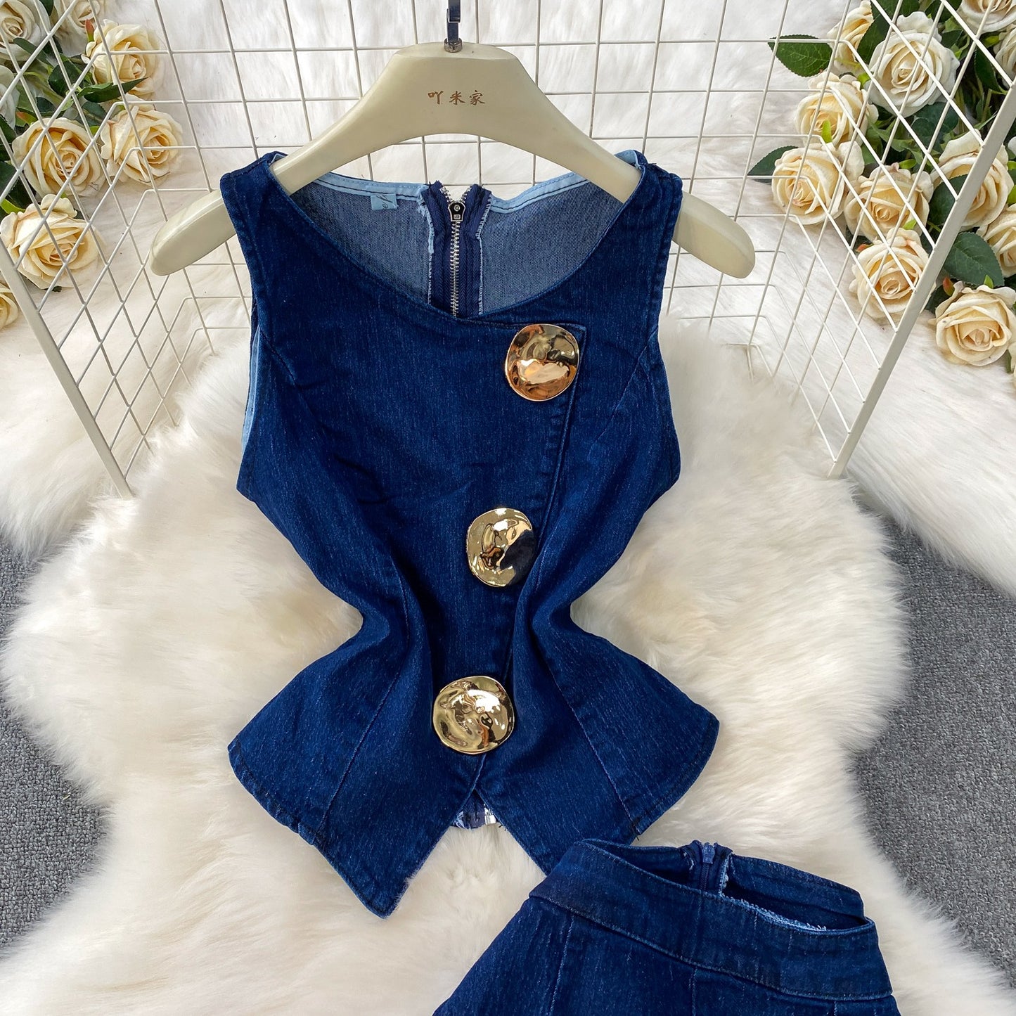 Denim Vest and Wide Leg Pants Set